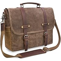 Mens Messenger Bag 15.6 Inch Waterproof Vintage Genuine Leather Waxed Canvas Briefcase Large Leather Computer Laptop Bag Rugged Satchel Shoulder Bag, Brown