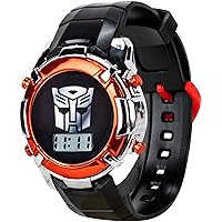 Accutime Transformers LCD Digital Watch for Kids - Iconic Autobot Design, Flashing LED Lights, Black and Red Durable Strap, Comes in Collectible Tin Box