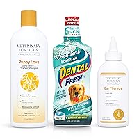 Veterinary Formula Solutions Puppy Love Extra Gentle Tearless Shampoo, 17 oz & Dental Fresh Water Additive for Dogs Original Formula, 8oz & Veterinary Formula Clinical Care Ear Therapy, 4 oz. Bundle