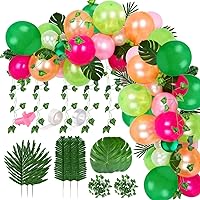 FEPITO 124Pcs Tropical Balloons Garland Kit Pink Green Balloon Arch Garland with Tropical Palm Leaves, Balloon Tape Strip, Dot Glue and Tying Tool for Tropical Party Decor, Birthday Party Supplies