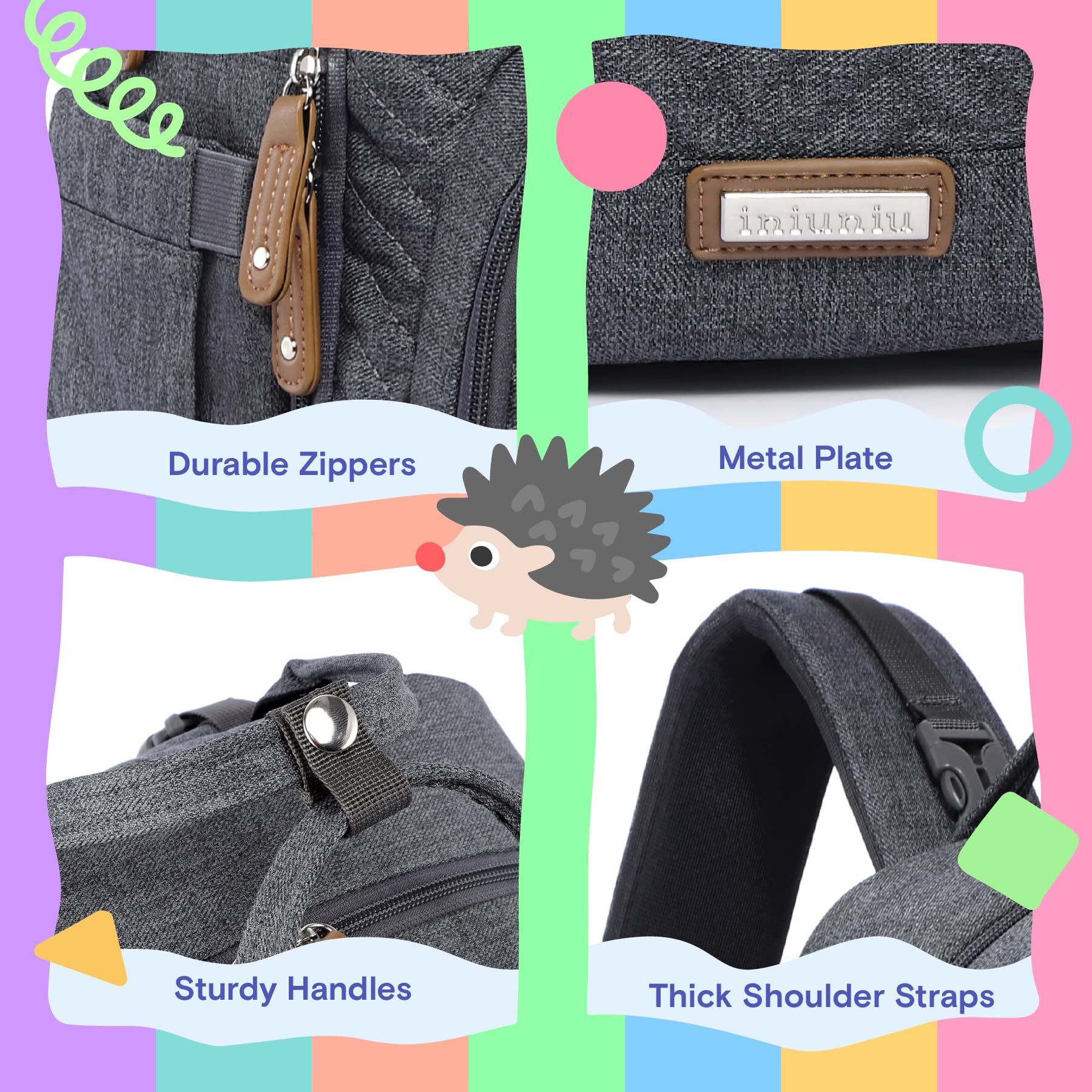 iniuniu Diaper Bag Backpack, 4 in 1 kit Large Unisex Baby Bags for Boys Girls, Waterproof Travel Back Pack with Diaper Pouch, Washable Changing Pad, Pacifier Case and Stroller Straps, Dark Gray