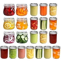 ComSaf Airtight Glass Canister Set of 6 with Lids 17oz Food Storage Jar Round，Small Mason Jars 8oz - 16 Pack, Regular Mouth Mason Jar with Lids and Seal Bands