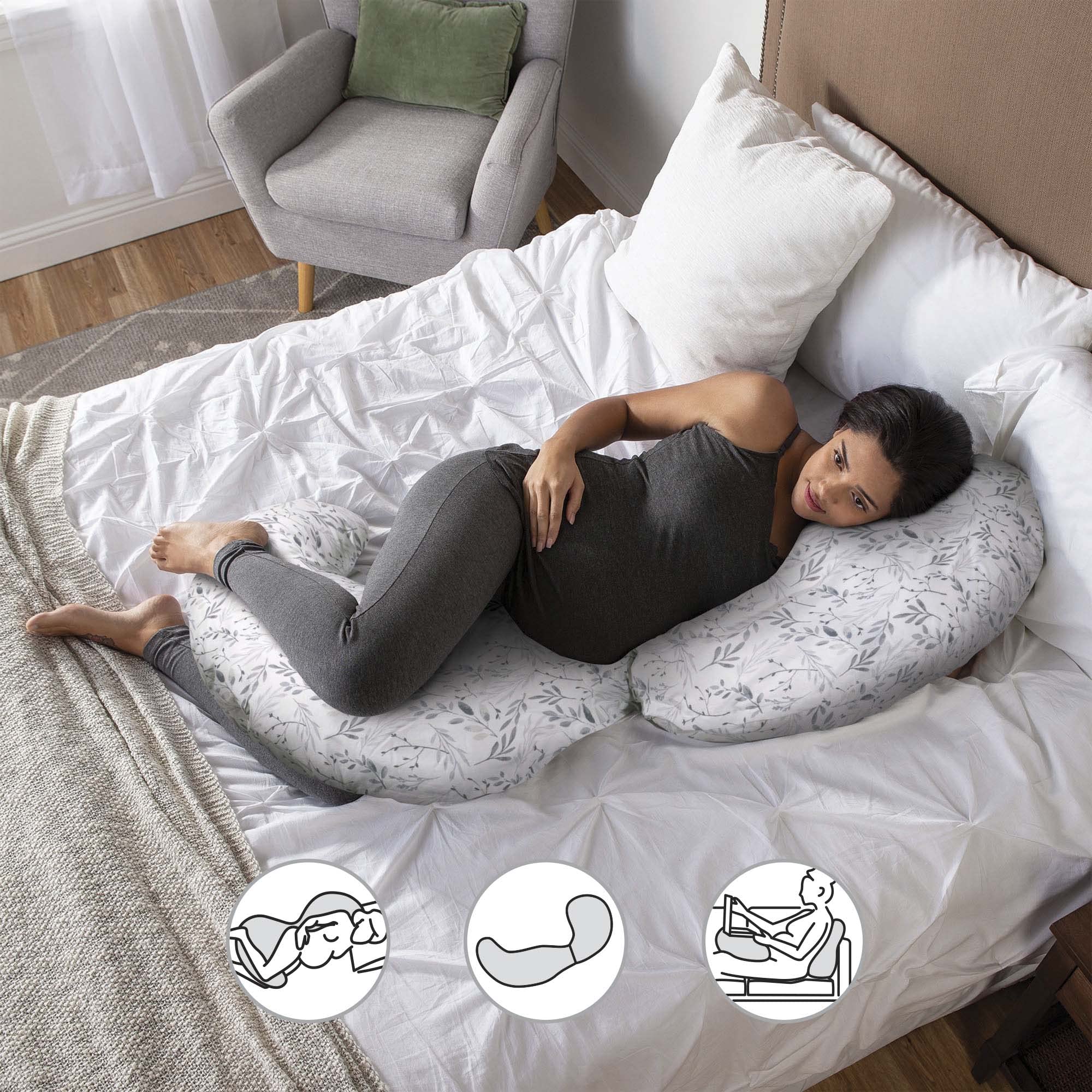 Boppy Total Body Pregnancy Pillow with Easy-on Removable Pillow Cover in Gray Scattered Leaves for Full-body Support, Body Pillow for Pregnancy and Postpartum Positioning