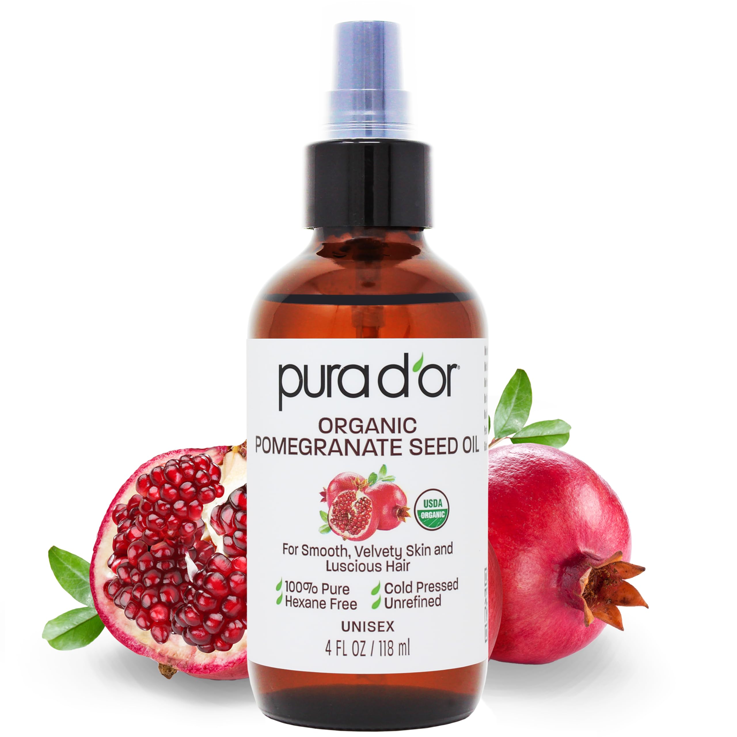 PURA D'OR 4 Oz Organic Pomegranate Oil - 100% Pure USDA Certified Premium Grade Cold Pressed Pomegranate Oil - Organic Body Oil For Hair, Face, & Skin - Hair Moisturizer Pure Cleansing Oil - Scar Oil