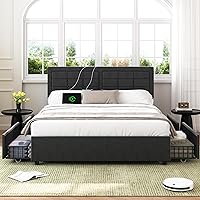 VECELO Full Size Bed Frame with 4 Drawers, Adjustable Tufted Button Headboard, Upholstered Platform with Wood Slats Support, Built-in USB and Type C Ports, Dark Gray