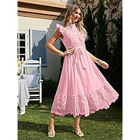 Women's Dress Contrast Lace Ruffle Hem Belted Dress Women's dressEVEBABY (Color : Baby Pink, Size : Medium)