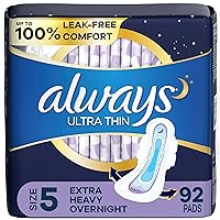 Always Ultra Thin Feminine Pads for Women, Size 5, Extra Heavy, Overnight Absorbency with Wings, 46 Count x 2 (92 Count Total)