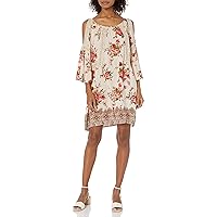 Angie Women's One Size Floral Printed Crochet Inset Dress with Cold Shoulders