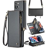 ASAPDOS iPhone 14 Case Wallet,Retro Suede PU Leather Strap and Crossbody Wristlet Flip Case with Magnetic Closure,[RFID Blocking] Card Holder and Kickstand for Men Women(Black)