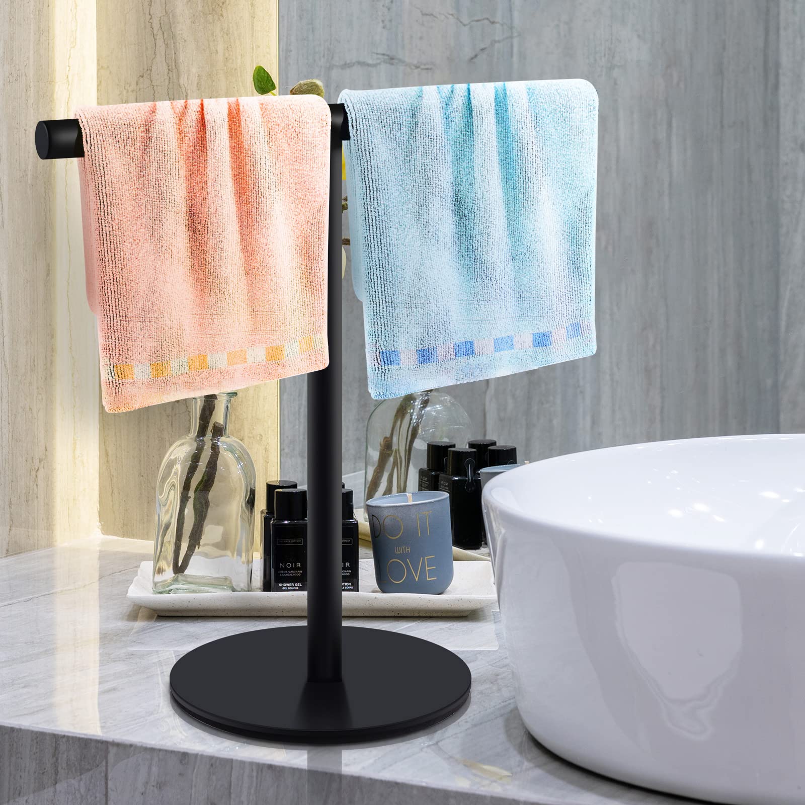 Mutclord T-Shape Hand Towel Holder - Free Standing Hand Towel Rack for Bathroom or Kitchen Countertops, with SUS304 Stainless Steel Matte Black Finish, Minimalist Style