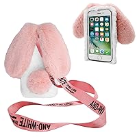 3D Bunny Ears Plush Case for Motorola Moto G Play 2021 with Crossbody Strap, Winter Warm Handmade Bling Diamond Soft Rabbit Fluffy Furry Fur Shockproof Protective Phone Cover, White & Pink