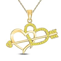 Valentine Day Special 14k Yellow Gold Plated Alloy 0.15 Ct Yellow Sapphire Double Heart with Arrow Pendant Necklace with 18'' Chain