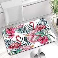 Pink Flamingos Birds Diatomaceous Earth Mat Palm Leaves Flowers Non-Slip Diatomite Bath Mat Quick Dry Super Absorbent Thin Shower Rugs for Bathroom 24x16 Inch