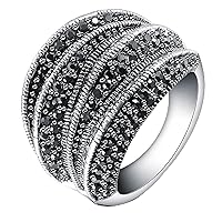 Aprilery Black Rings for Women, Vintage Cross Flower Marcasite Rings Statement Big Aesthetic Ring Costume Jewelry for Teen Girls Gifts for Her (Black Dome, 6)
