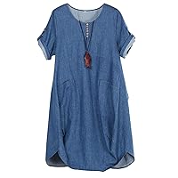 FTCayanz Women's Casual Tunic Dress Short Sleeve Plus Size Midi Dresses with Pockets