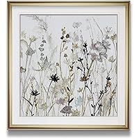 Wildflower Mist II Contemporary Flower Framed Wall Art Floral Art Gray Color Painting with Gold Frame Giclee Prints Wall Décor for Kitchen, Living Room, Bedroom