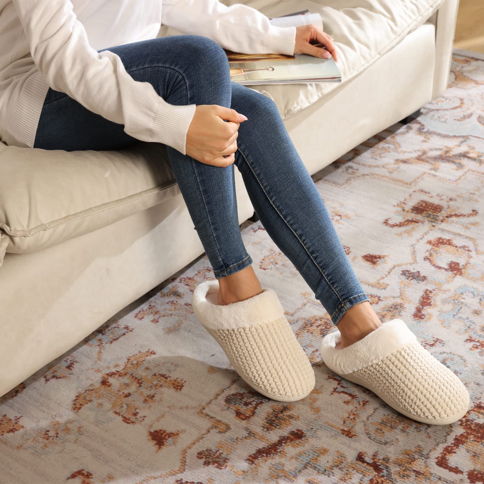 Women's Memory Foam Slippers Comfort Wool-Like Plush Fleece Lined House Shoes for Indoor & Outdoor