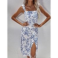 2023 Women's Dresses Allover Floral Print Ruffle Trim Split Thigh Dress Women's Dresses (Color : Blue and White, Size : X-Small)