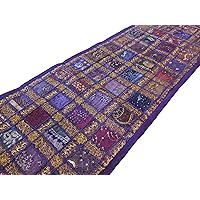 Patchwork Embroidered Table Runner - Indian Sequin Cotton Boho Bohemian Hippie Patchwork Runner Tapestry Wall Hanging - Indian Decoration Tapestry Wedding Decor 16 X 72 Inches (Purple)
