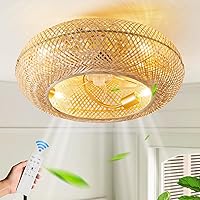 Boho Caged Ceiling Fan with Light Flush Mount, 20 Inch Enclosed Rattan Ceiling Fans with Lights and Remote Control,Low Profile 6 Speeds for Bedroom, Living Room