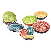 Annovero Dessert Plates, Serving Bowls, Pasta Bowls. Cute and Colorful Porcelain Dishes for Kitchen, Microwave and Oven Safe. Bundle