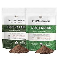 Real Mushrooms Turkey Tail (45g) and 5 Defenders (45g) Mushroom Extract Powder Bundle - Mushroom Supplement for Immune Strength - Vegan, Non-GMO Immunity Supplement