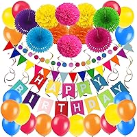 Birthday Decoration Set, Happy Birthday Banner Bunting with 4 Paper Fans Tissue 6 Paper Pom Poms Flower 10 Hanging Swirl and 20 Balloon for Birthday Party Decorations - Multicoloured
