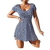 Dresses for Women - Ditsy Floral Roll Tab Sleeve Scoop Neck Dress