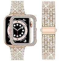 wutwuk Compatible Bling Apple Watch Straps 40mm with Bling Case, Rose Gold Sparkling Metal Woman iWatch Replacement, Bling Diamond Rhinestone Wristband for iWatch Series SE 2 SE 6 5 4 40mm-Rose Gold