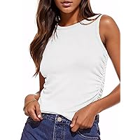 Womens Tank Tops High Crew Neck Racerback Sleeveless Ribbed Knit Camisole Slim Fitted Y2K Blouse Side Ruched T-Shirts