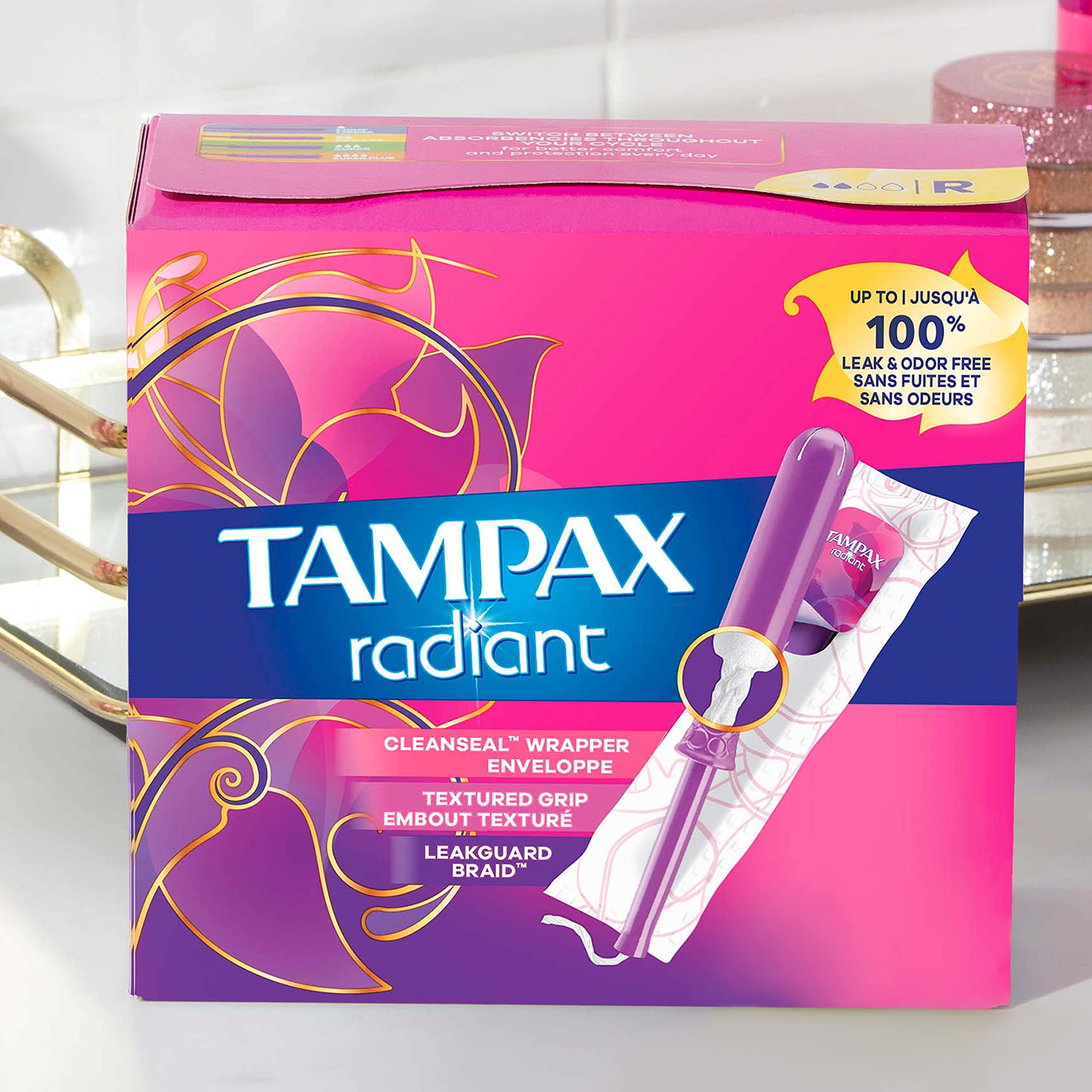 Tampax Radiant Tampons Regular Absorbency with BPA-Free Plastic Applicator and LeakGuard Braid, Unscented, 42 Count