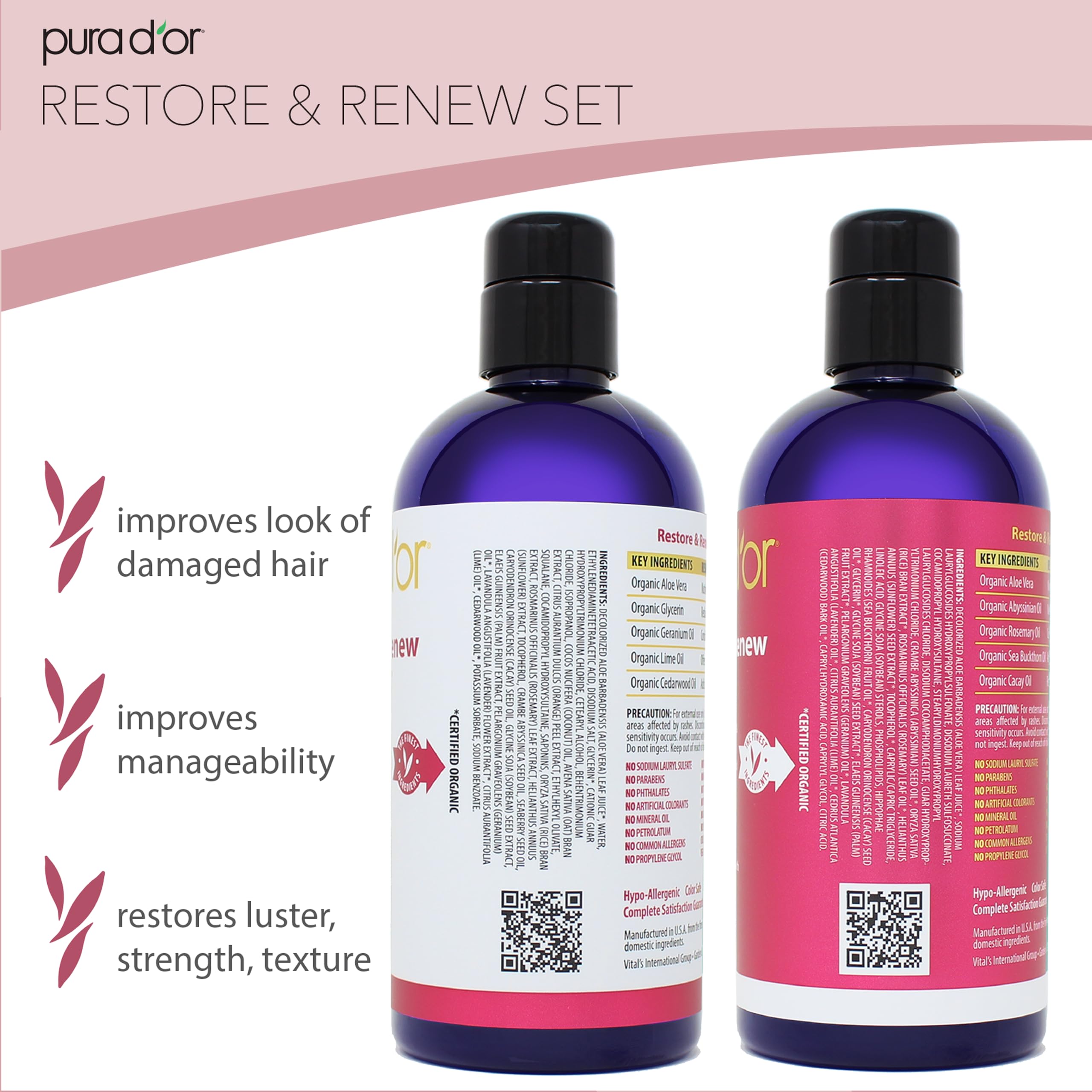PURA D'OR Restore & Renew Shampoo and Conditioner Set For Strong, Healthy, and Nourished Hair with Organic Aloe Vera, Rosemary Oil, Sea Buckthorn, Cacay Oil, Coconut Oil, Seaberry Oil & Cedarwood Oil
