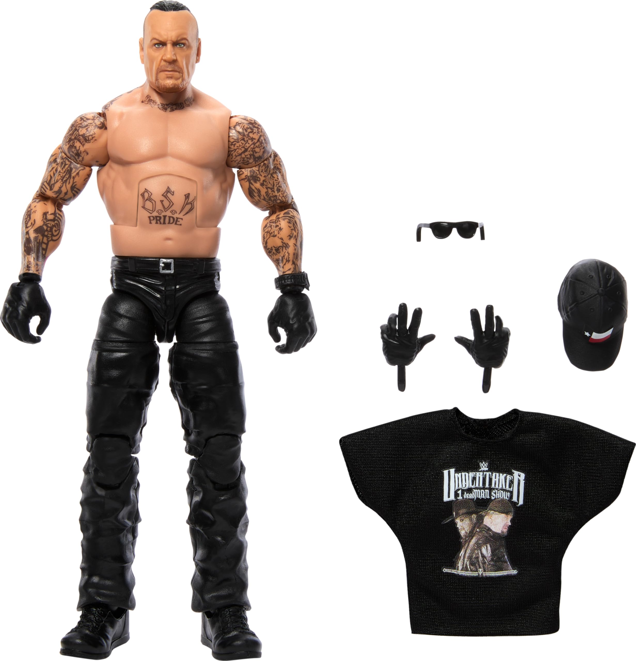 Mattel WWE Elite Action Figure & Accessories, 6-inch Collectible Undertaker with 25 Articulation Points, Life-Like Look & Swappable Hands