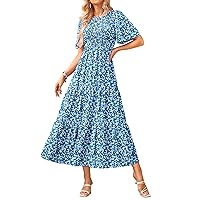 KIRUNDO Womens Fashion 2024 Spring Summer Casual Flutter Short Sleeve Midi Dress Smocked Tiered Aline Going Out Dresses