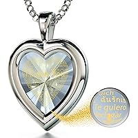 NanoStyle 925 Sterling Silver Heart Pendant I Love You Necklace in 120 Languages in Pure Gold Inscribed in Miniature Text on Brilliant Cut Heart-Shaped Cubic Zirconia Gemstone, 18