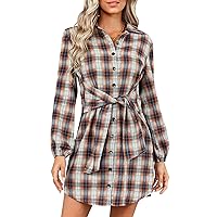 SOLERSUN Womens Plaid Dress Flannel Puff Sleeve Dress Button Down Casual Dresses for Women 2023