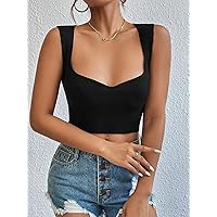 Women's Tops Sexy Tops for Women Shirts Sweetheart Neck Ribbed Knit Top (Color : Black, Size : Large)