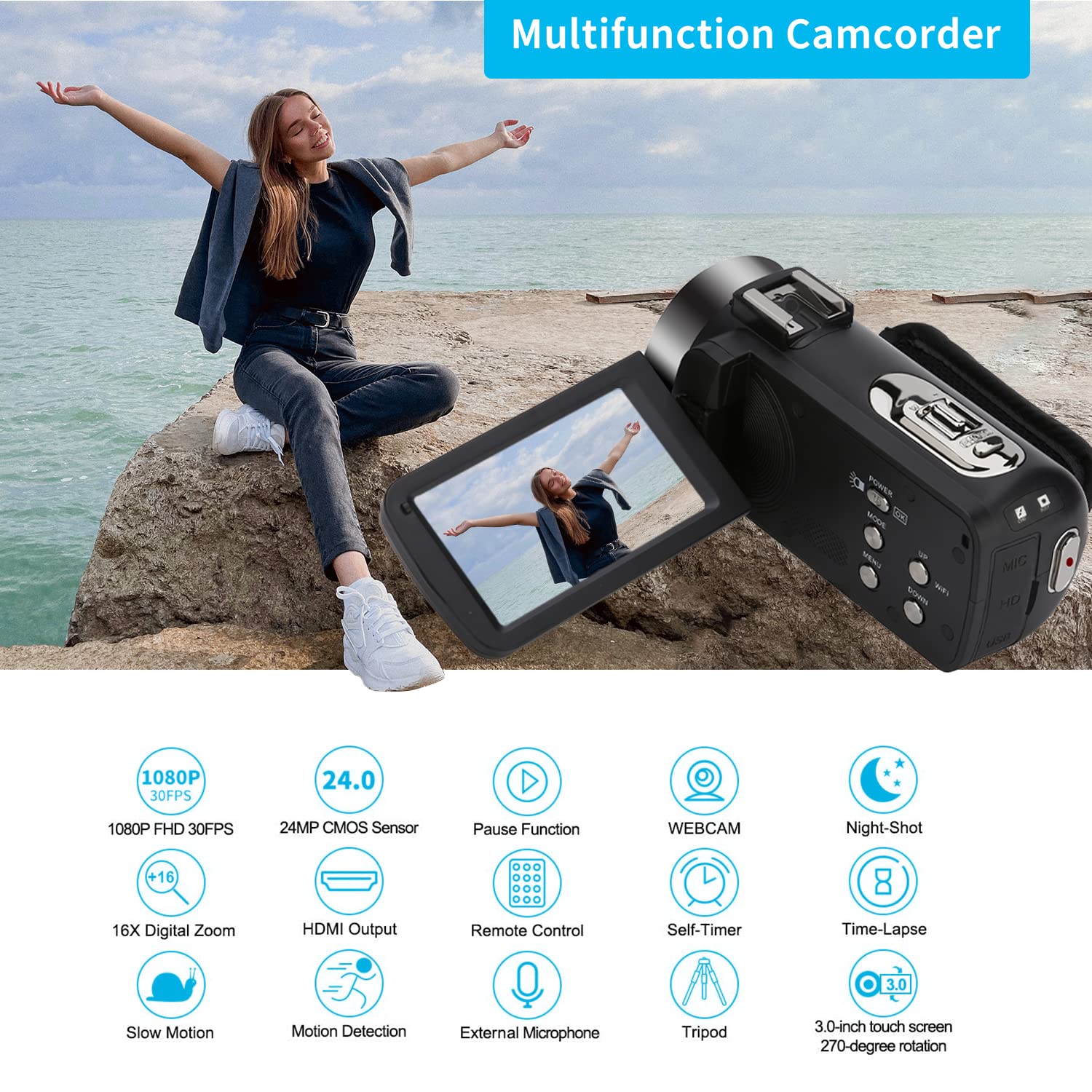 WIKICO Camcorder, 1080P Video Camera for YouTube with Infrared Night Vision, 18X Digital Zoom, 3.0“ 270° Rotation Touch Screen, Vlogging Camera for Beginners with Mini Tripod and 2 Batteries