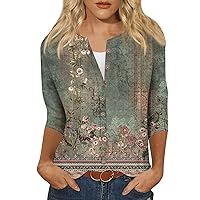 3/4 Sleeve Cardigan Womens Summer Top Button Down Casual Printed Crewneck Shirts Trendy 2024 Tees Blouse