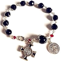 HANDMADE SILVETR Wire Wrap Black Agate Prayer Beads Bracelet Rosary Cross Catholic