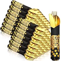 Sabary 60 Pack Gold Plastic Cutlery for Wedding Parties Silverware Set Disposable for Guests Gold Plastic Silverware Set with Forks, Spoons, Knives, Black Napkins