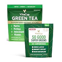 VitaCup Instant Green Tea Packets Infused with Matcha, Moringa, Fiber, & Vitamins, 24ct & So Good Super Greens w/ 50+ Premium Superfoods, Berry Lemon Flavor 30 servings