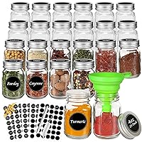AuroTrends Spice Jars with Label 4oz 24Pcs, 4oz Glass Jars with Lids 24Pack Complete Set-Round Glass Spice Jars with Shaker Lids | Pre-printed Labels & Blank Labels | Chalk Marker | Funnel