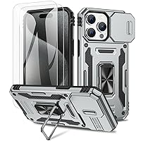 Maxdara Case for iPhone 15 ProMax, with Built-in Rotating Ring Kickstand & Slide Camera Cover & Front Glass Screen Protector Shockproof Phone Case for iPhone 15 Pro Max 6.7 inch 2023, Grey
