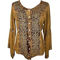 Agan Traders Long Sleeve Velvet Blouses for Women - Vintage Style Renaissance Button Down Rich Embroidered Tops for Women