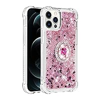 Shockproof Case for iPhone 12 Pro/iPhone 12,Glitter Bling Shine Diamond Heart Rainbow Quicksand Transparent TPU Shell with Rotating Finger Ring Kickstand