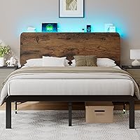 Feonase Full Size Bed Frame with Ergonomic Storage Headboard & Charging Station, LED Platform Bed Frame, Heavy Duty Metal Slats, No Box Spring Needed, Easy Assembly, Rustic