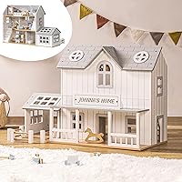 ROBUD Wooden Dollhouse, Modern Vintage Farm Dollhouse with 25Pcs Furniture, 5 Rooms, A Stable, Doll House for 4-6 inches Dolls, Ideal Gift for Kids Ages 3+ (Gray)