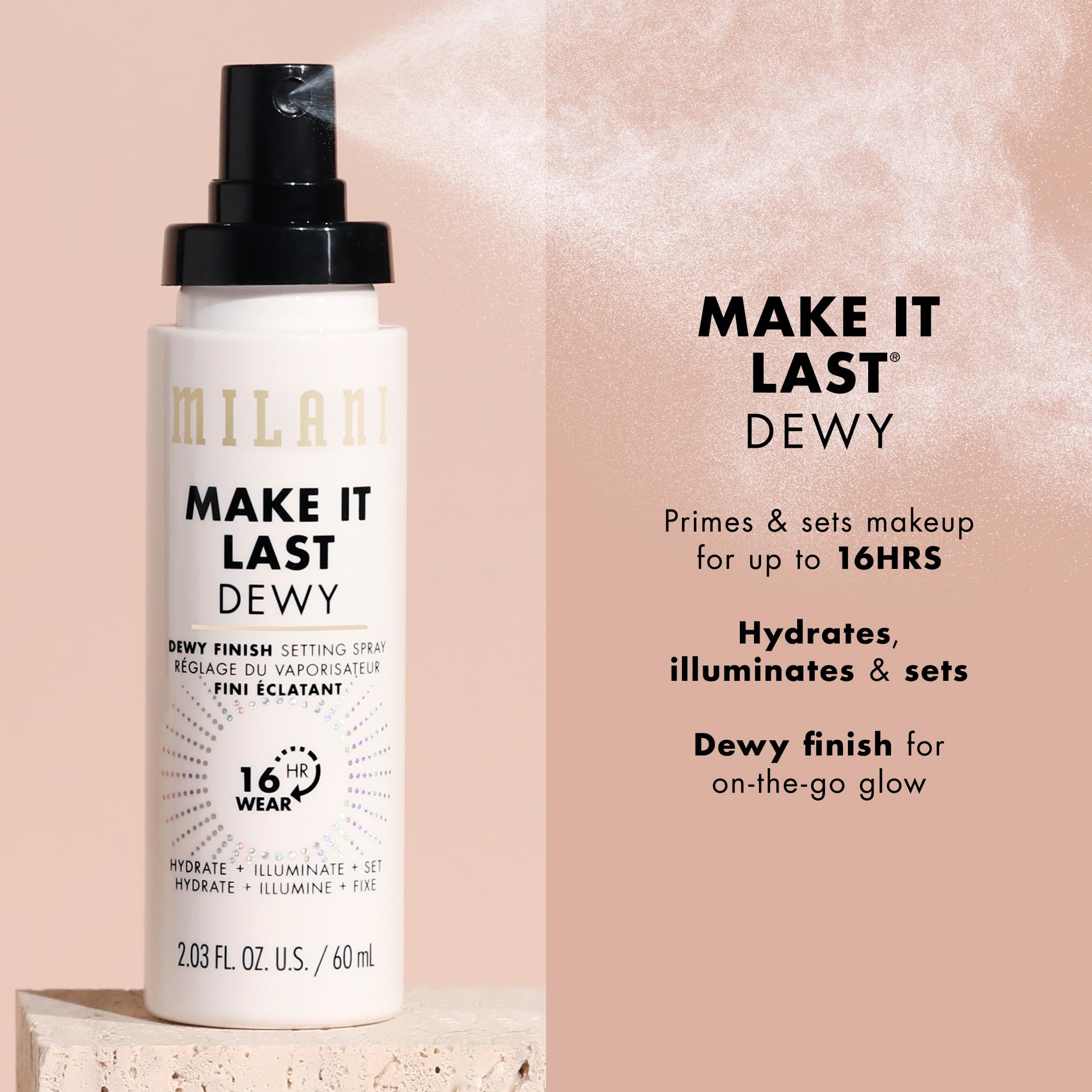 Milani Make It Dewy 3-In-1 Setting Spray - Hydrate + Illuminate + Set (2.03 Fl. Oz.) Cruelty-Free Makeup Setting Spray - Prime & Hydrate Skin for a Bright, Refreshing Look