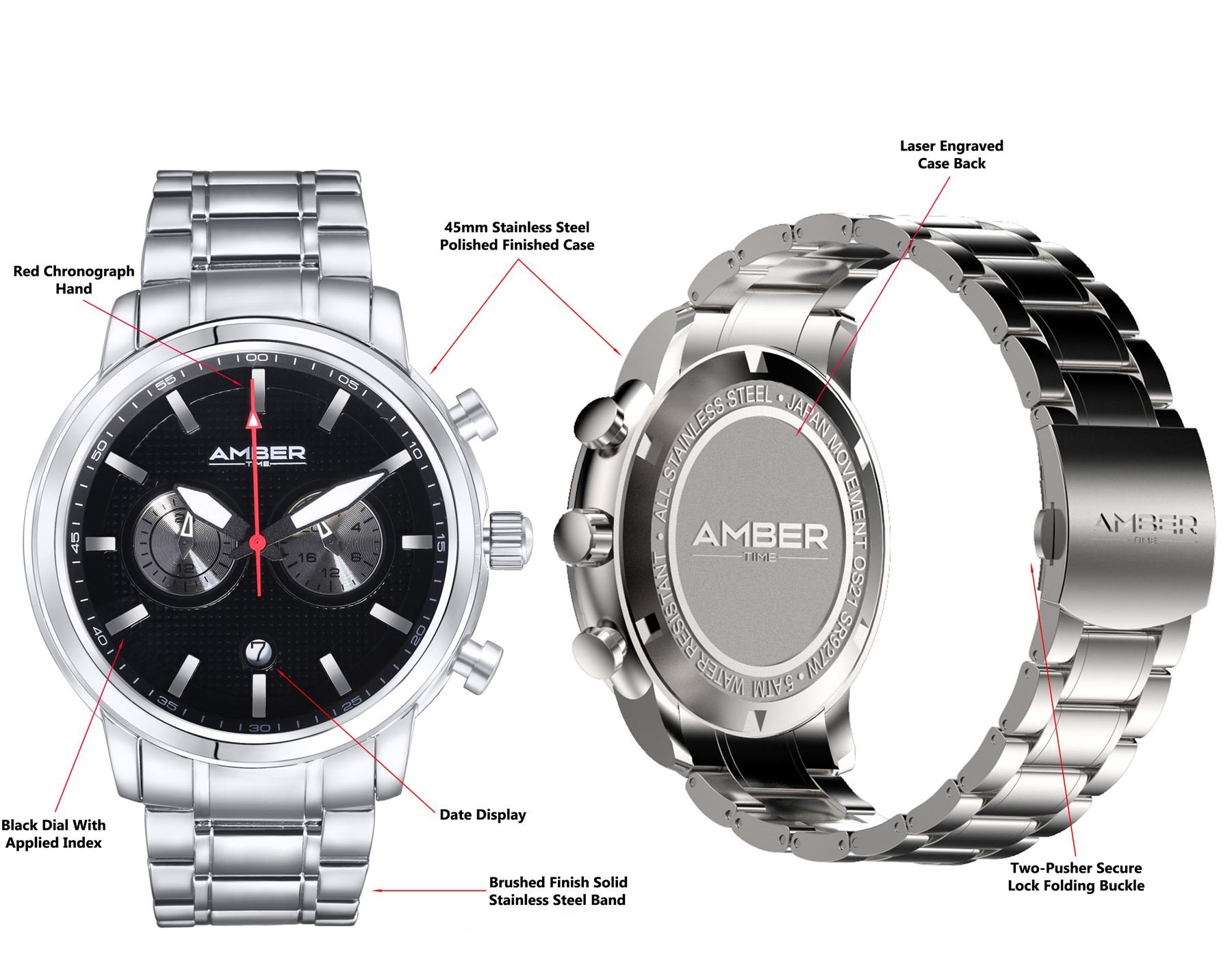 Amber Time Men's Quartz Chronograph Watch Stainless Steel Band 50m ATL160810-01BK Black